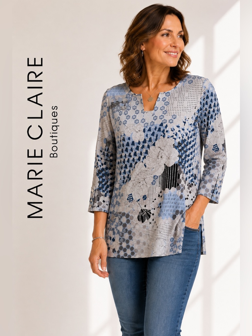 Marie Claire Boutiques Abstract Floral Knit Tunic Top Blue Gray | Size M
